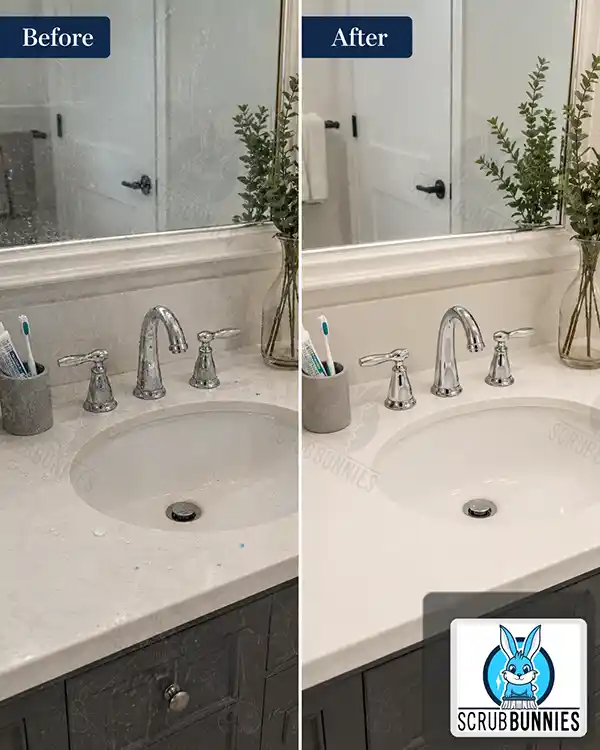 Bathroom sink and mirror before and after professional cleaning.