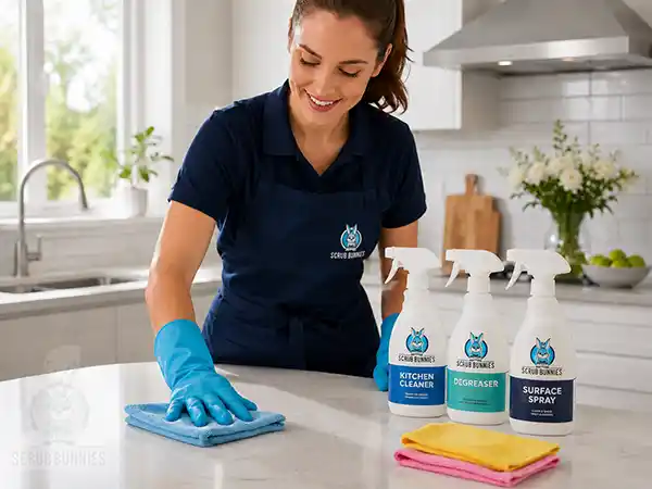 Professional cleaner using labelled cleaning products safely in a kitchen.