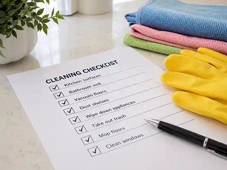 House cleaning checklist with cloths and gloves ready for a cleaner.