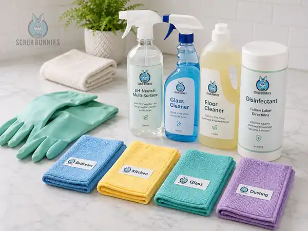 Colour-coded cloths and safe cleaning products for home cleaning
