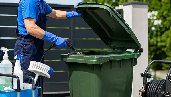 Independent cleaning professional preparing wheelie bins for bin cleaning